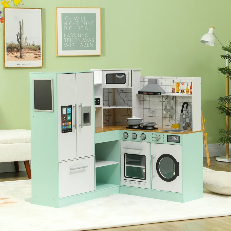 Mint and white L-shaped kids kitchen with realistic appliances.
