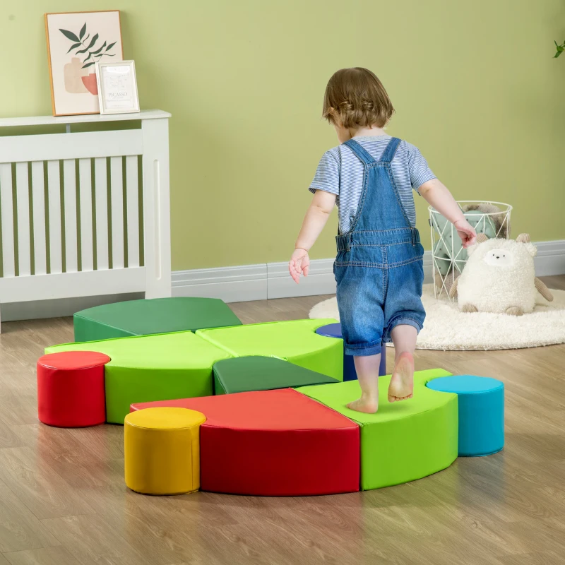 Toddler balancing on colorful foam stepping blocks in nursery
