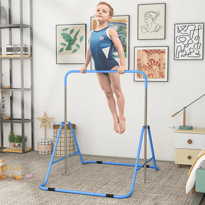 Child practicing gymnastics on Qaba adjustable folding bar with sturdy steel frame indoors.