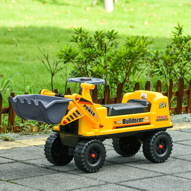 Yellow kids bulldozer toy with steering wheel outdoors