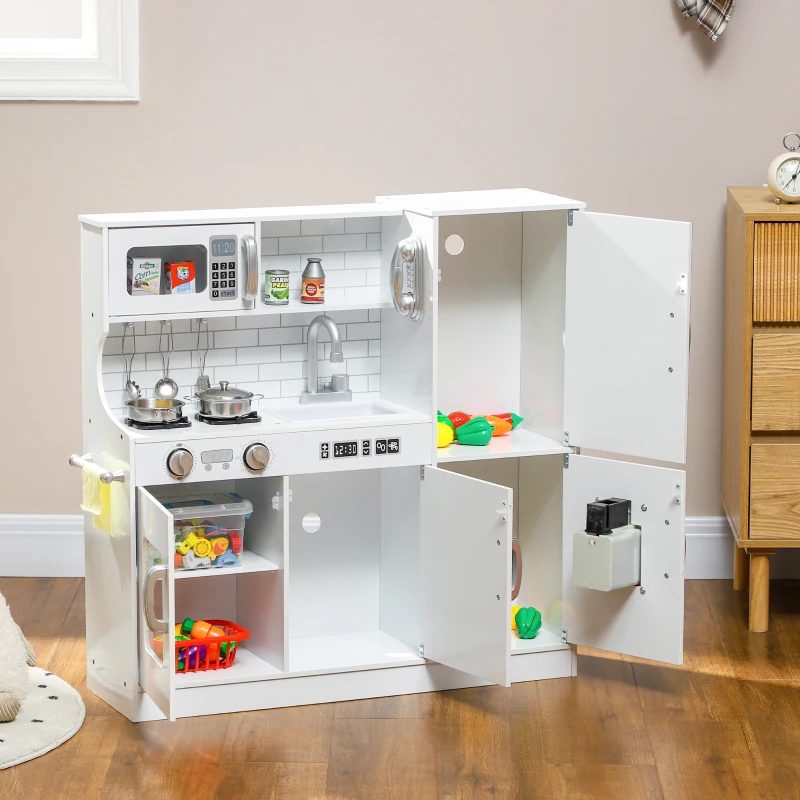 Modern white kids’ pretend kitchen with stove and sink.