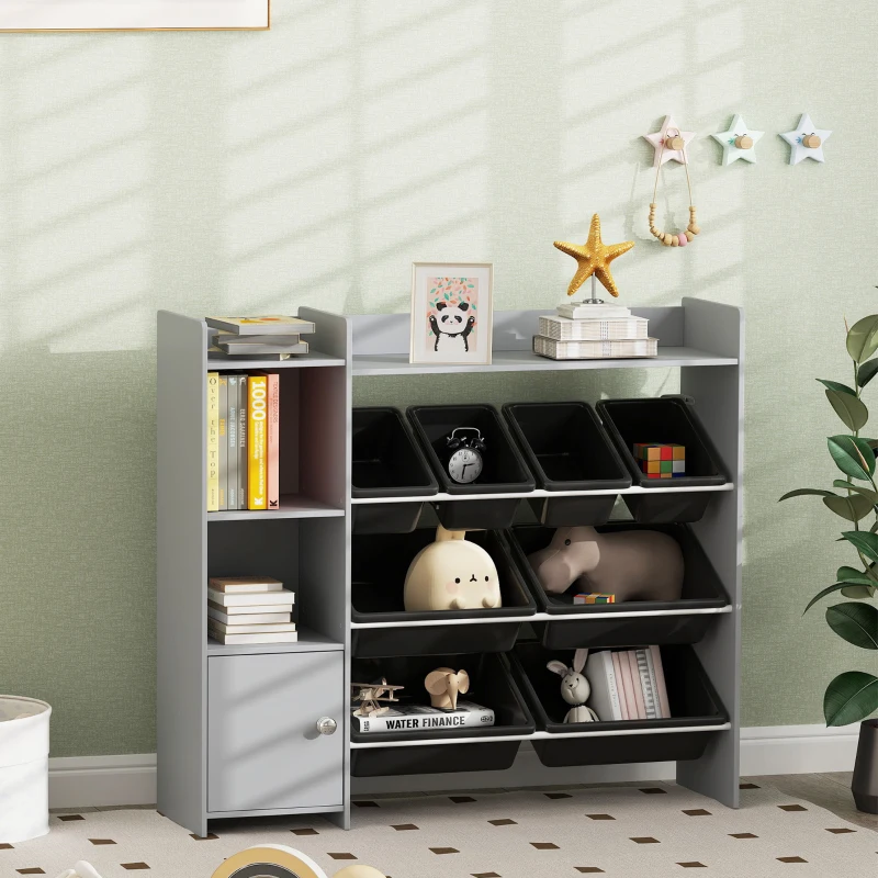 Gray kids toy organizer with shelves and plastic bins
