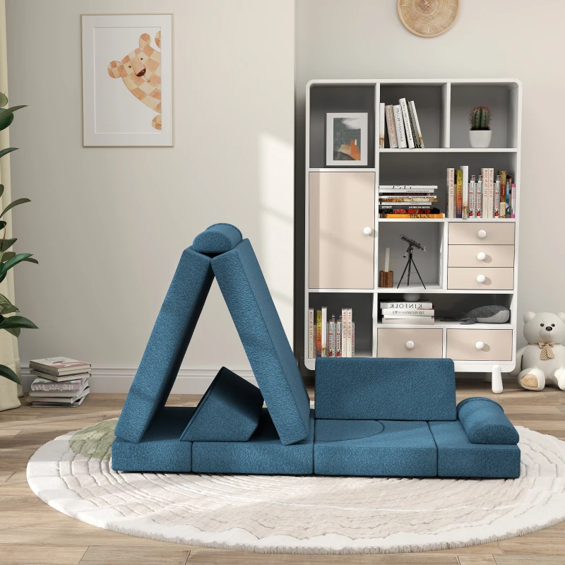 Foldable blue foam climbing couch in modern kids’ room