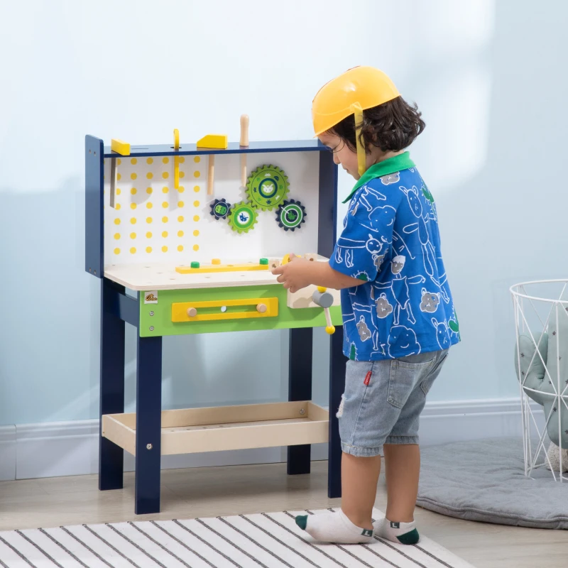 Child playing with wooden tool bench and toy gears.
