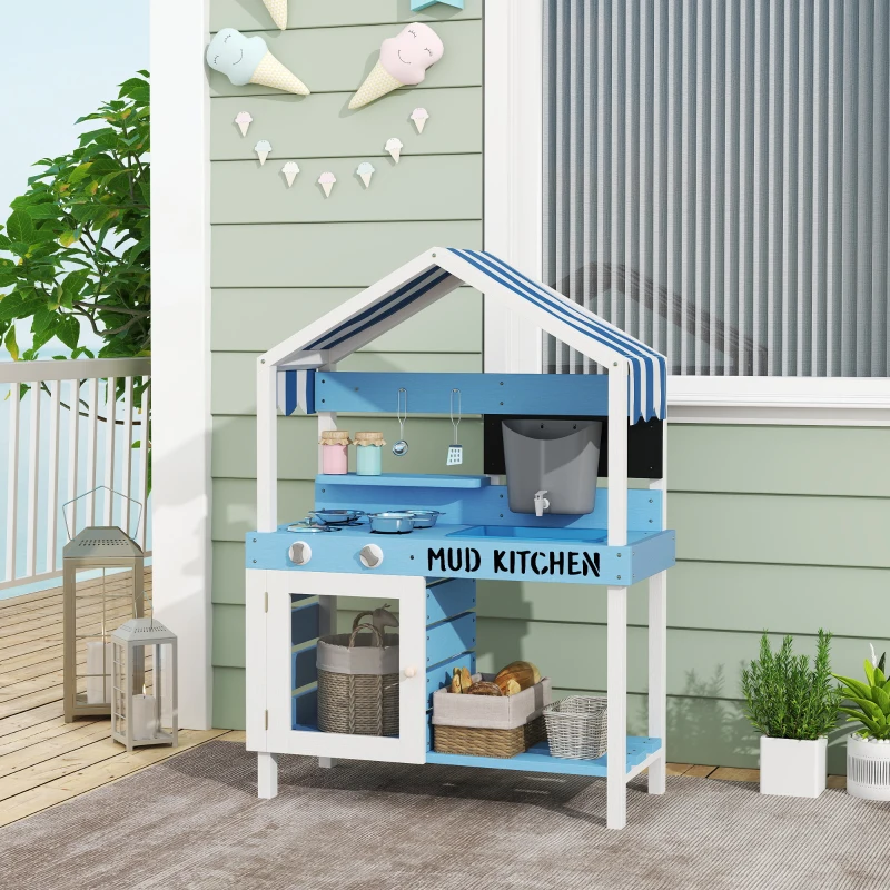 Qaba wooden mud kitchen with sink, faucet, shelves, and cookware for creative outdoor play.

