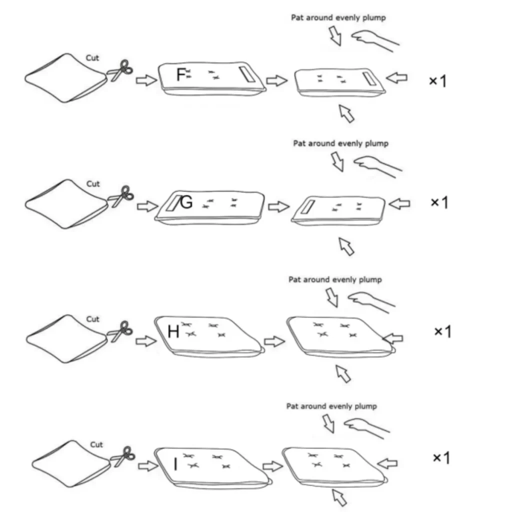 Opening compressed cushion bags and fluffing cushions evenly