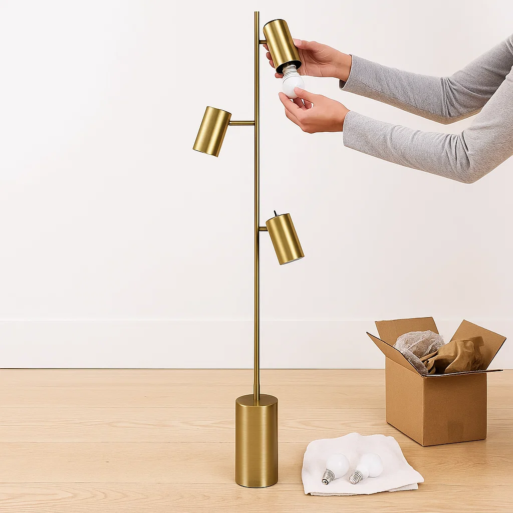 Hand removing bulbs from a floor lamp