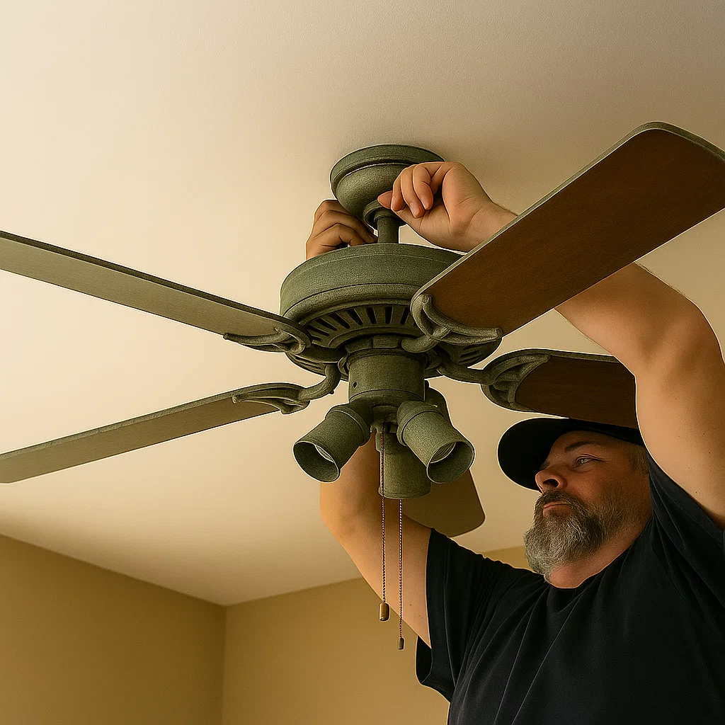 Man removing ceiling fan with brown blades from ceiling mount