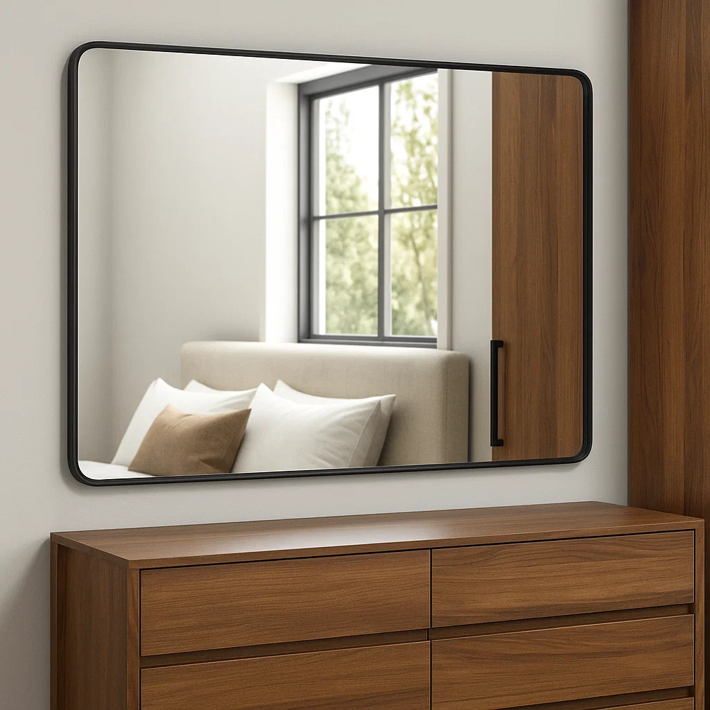 Large rectangular mirror with black frame above wooden dresser.