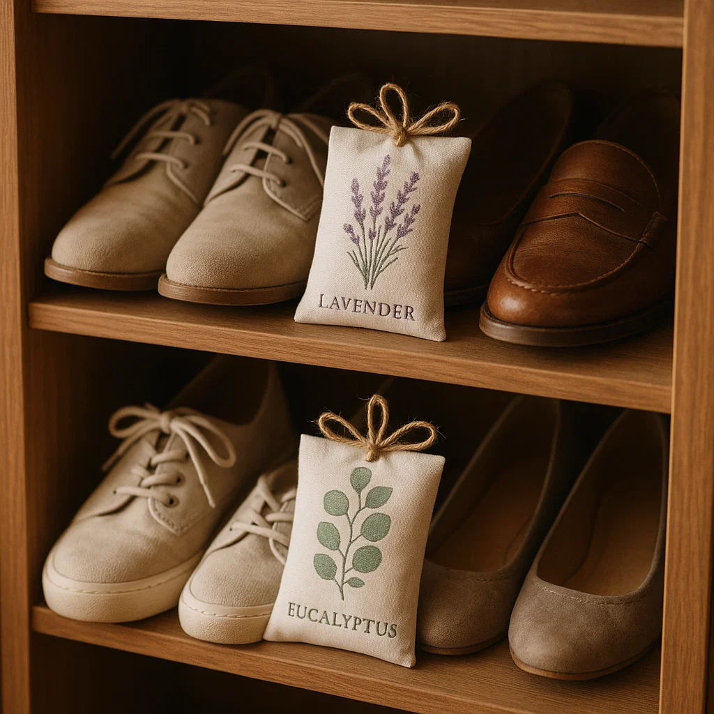 Wooden shoe rack with lavender and eucalyptus scented sachets for a fresh aroma.