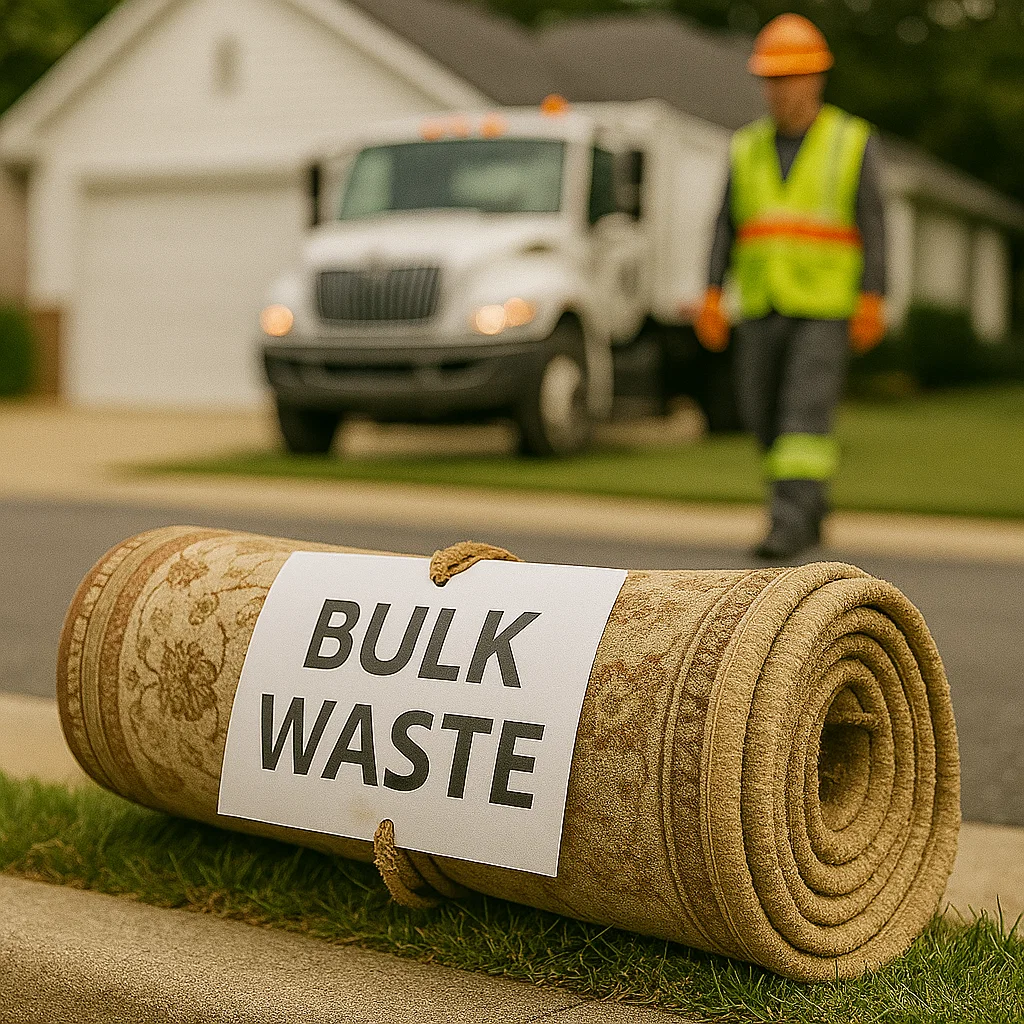 Rolled carpet labeled bulk waste placed curbside for pickup