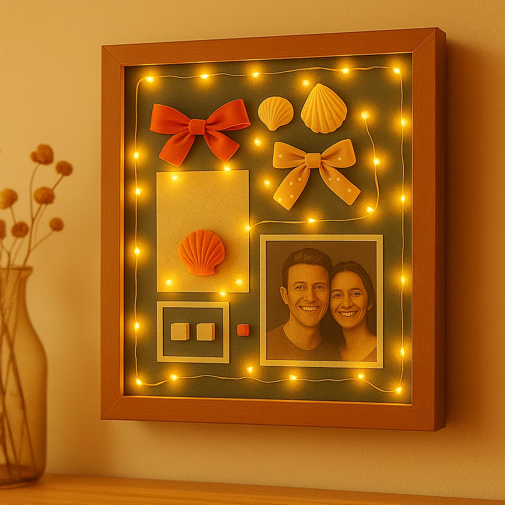 Wooden shadow box filled with travel photos, compass, and seashells