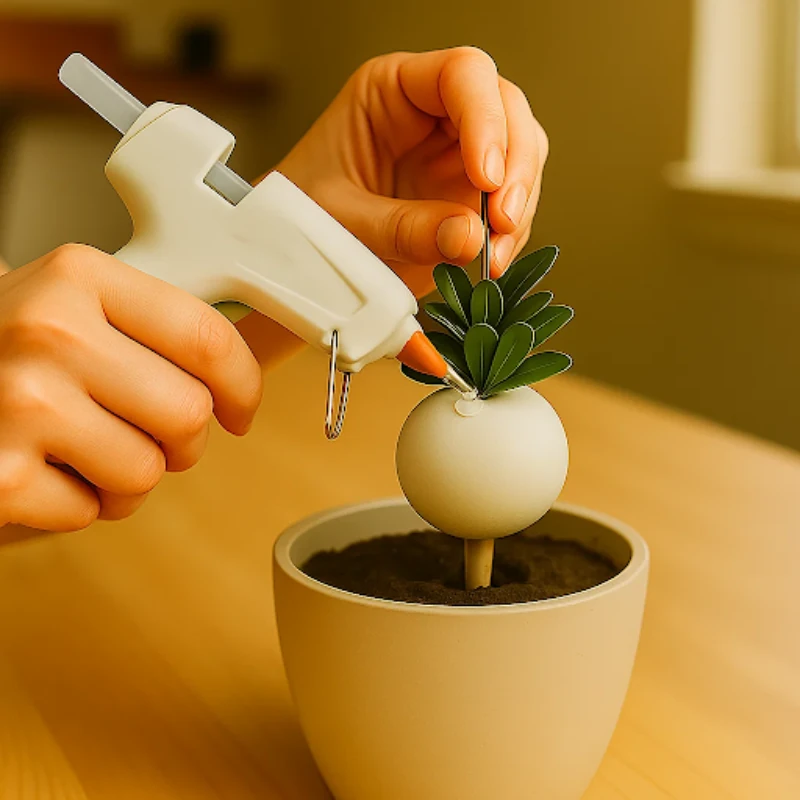 Gluing artificial leaf stems to foam ball with hot glue gun.