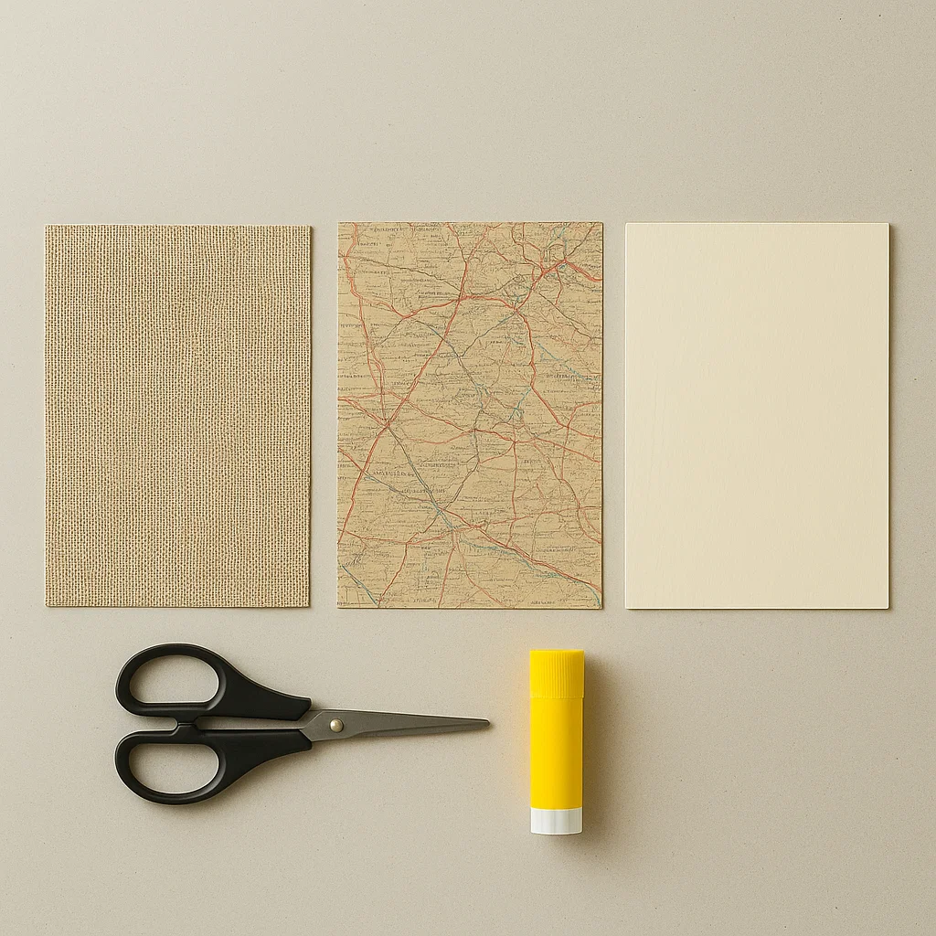 Scissors, glue stick, and patterned paper sheets prepared for shadow box design