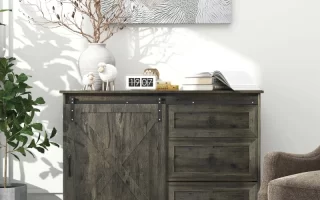 Rustic sideboard with decor items, books, and wall art.