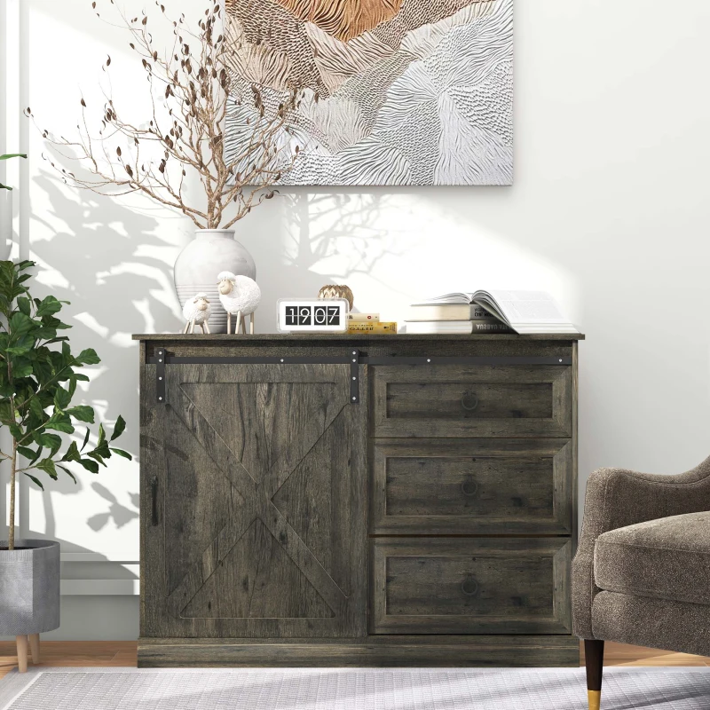 Rustic sideboard with decor items, books, and wall art.