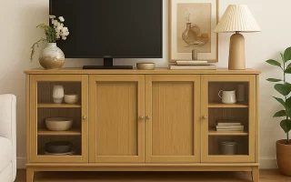 Light wood buffet with TV, lamp, and decorative art in warm living space.