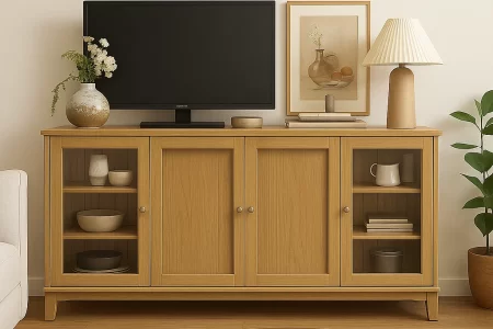 Light wood buffet with TV, lamp, and decorative art in warm living space.