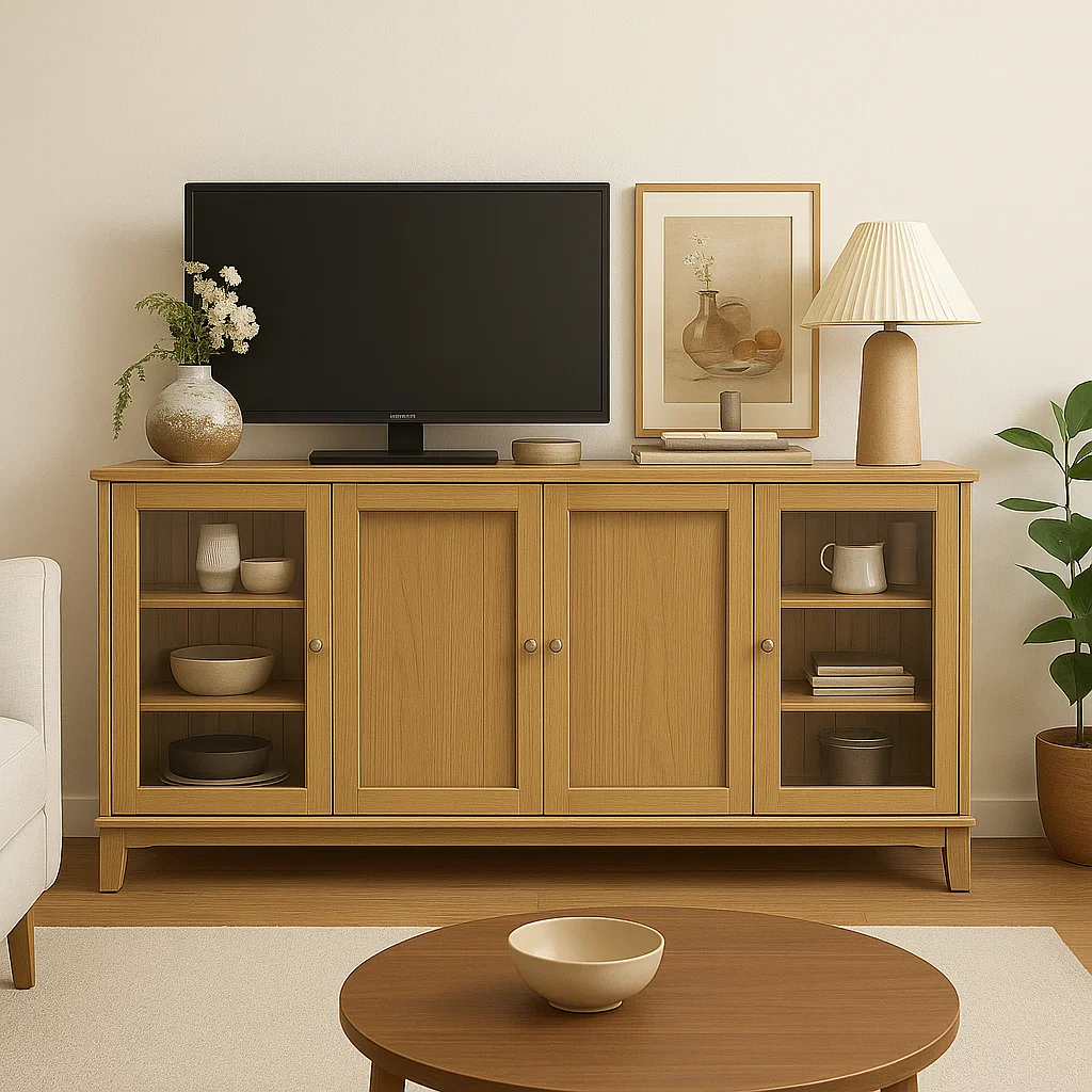 Light wood buffet with TV, lamp, and decorative art in warm living space.