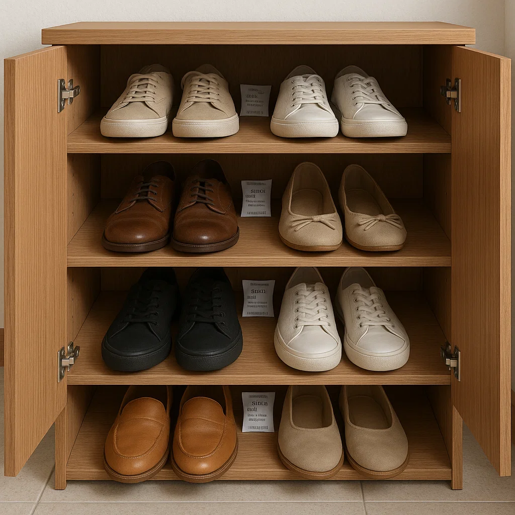 Shoe cabinet shelves with shoes and silica gel packets for moisture and odor control.