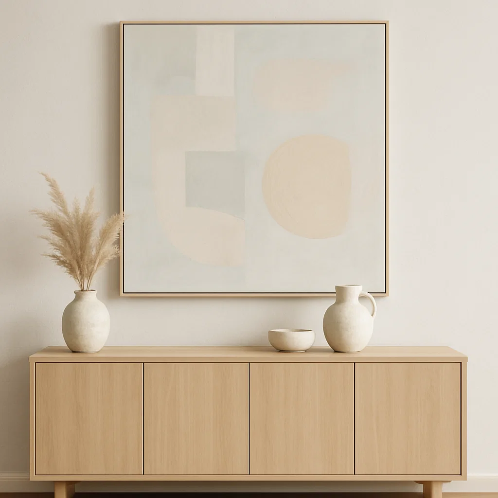 Light wood sideboard with neutral art and ceramic vases.