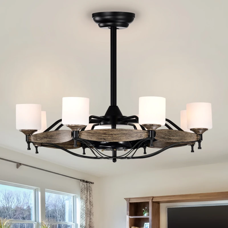 Smart ceiling fan with LED lights and remote control hanging above a bright modern living room.
