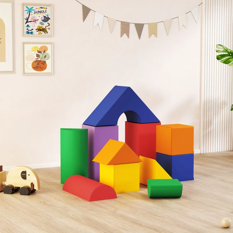 Colorful foam climbing blocks arranged in playroom.