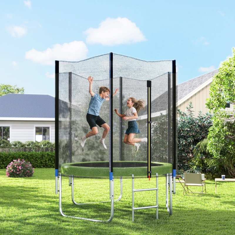Two kids jumping on large outdoor trampoline with safety enclosure.