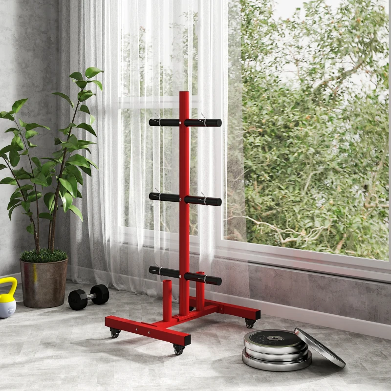 Red vertical weight plate rack with wheels in home gym