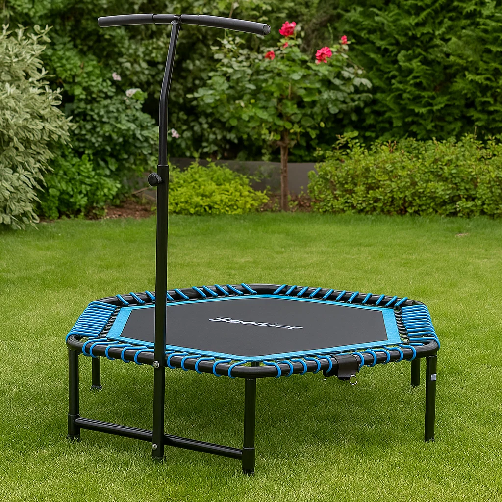 Outdoor fitness trampoline with blue elastic bands and handlebar.