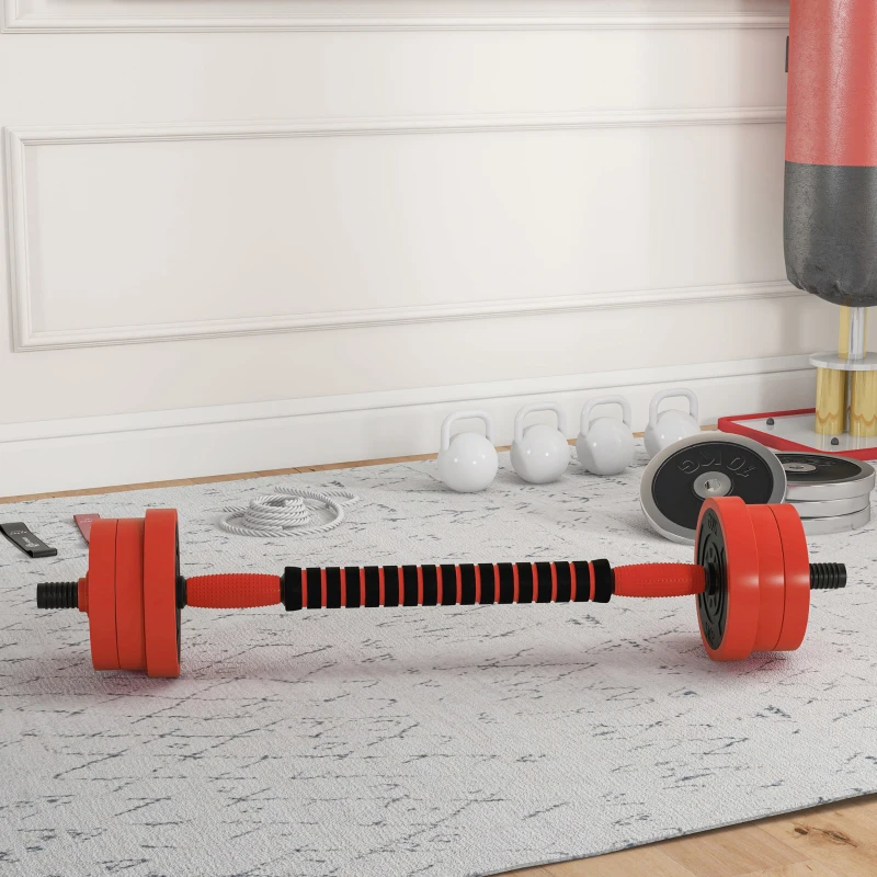 Adjustable dumbbell and barbell set on home gym floor