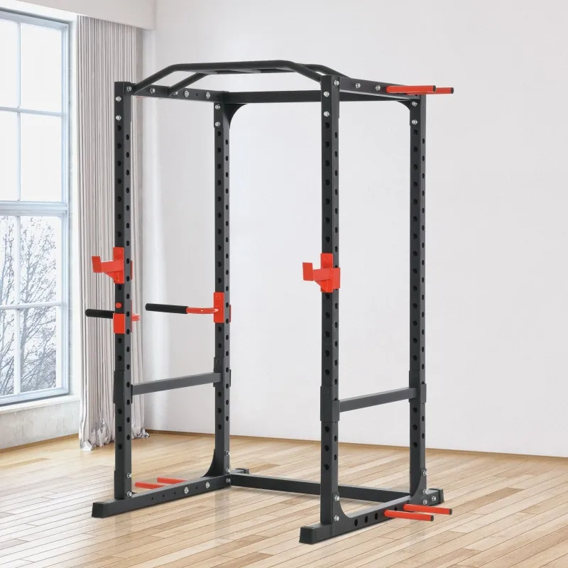 Black and red power tower with pull-up and dip bars