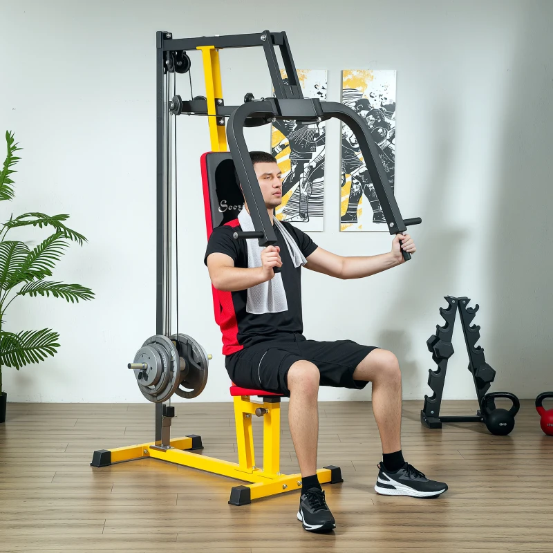 Man using yellow chest press and fly strength training machine