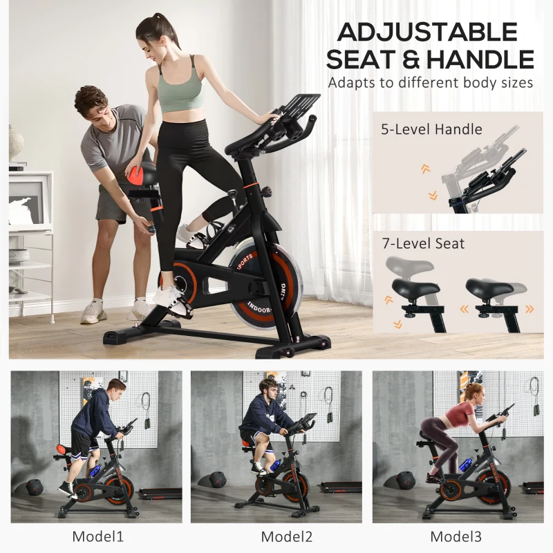 Indoor stationary exercise bike with adjustable seat and handlebar