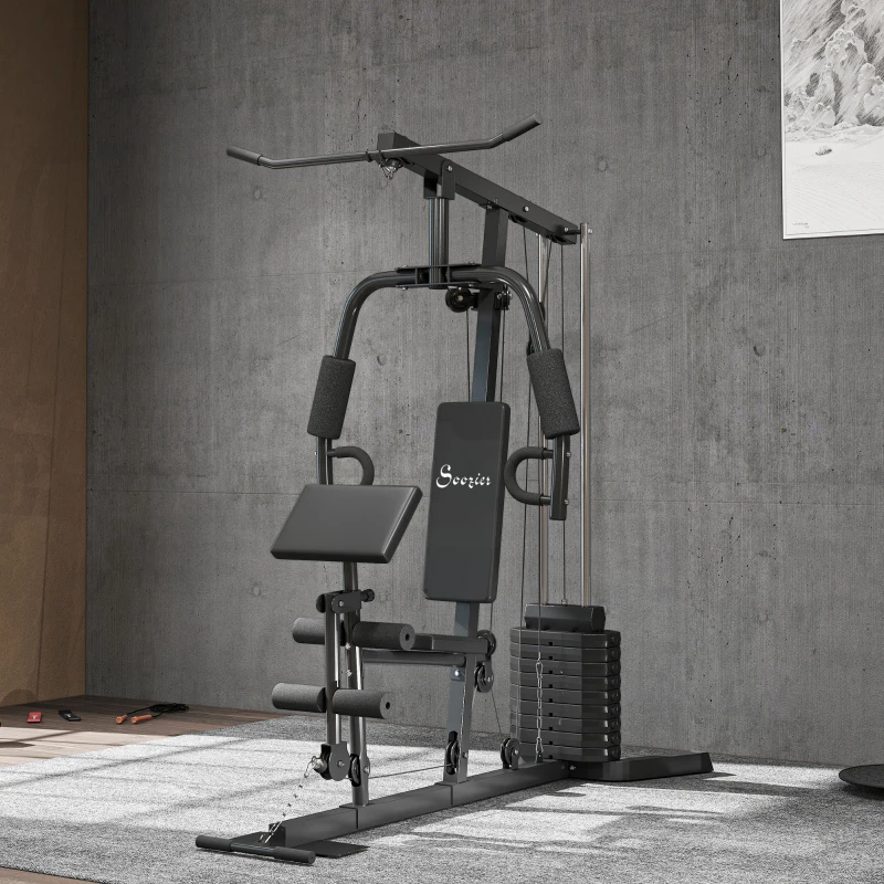 Compact home gym machine with cable system and padded seat