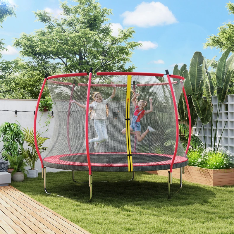 Two children jumping on red outdoor trampoline with curved safety poles.