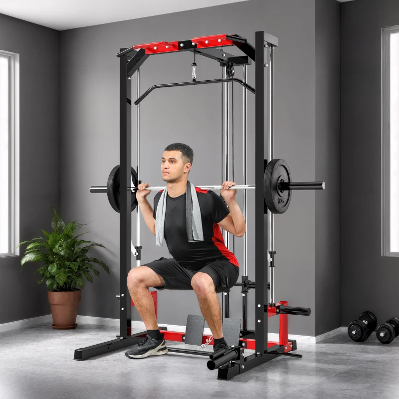 Man performing barbell squat inside red and black smith machine
