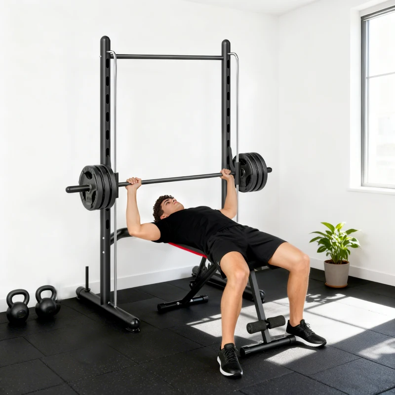 Man doing bench press on squat rack with barbell weights