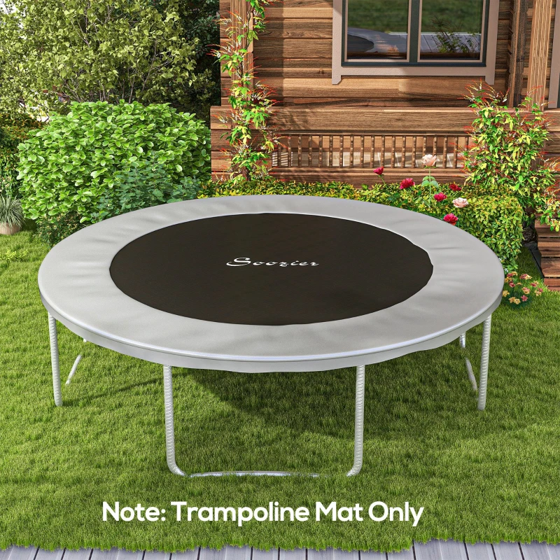 Outdoor trampoline with black mat and silver frame set on green lawn.