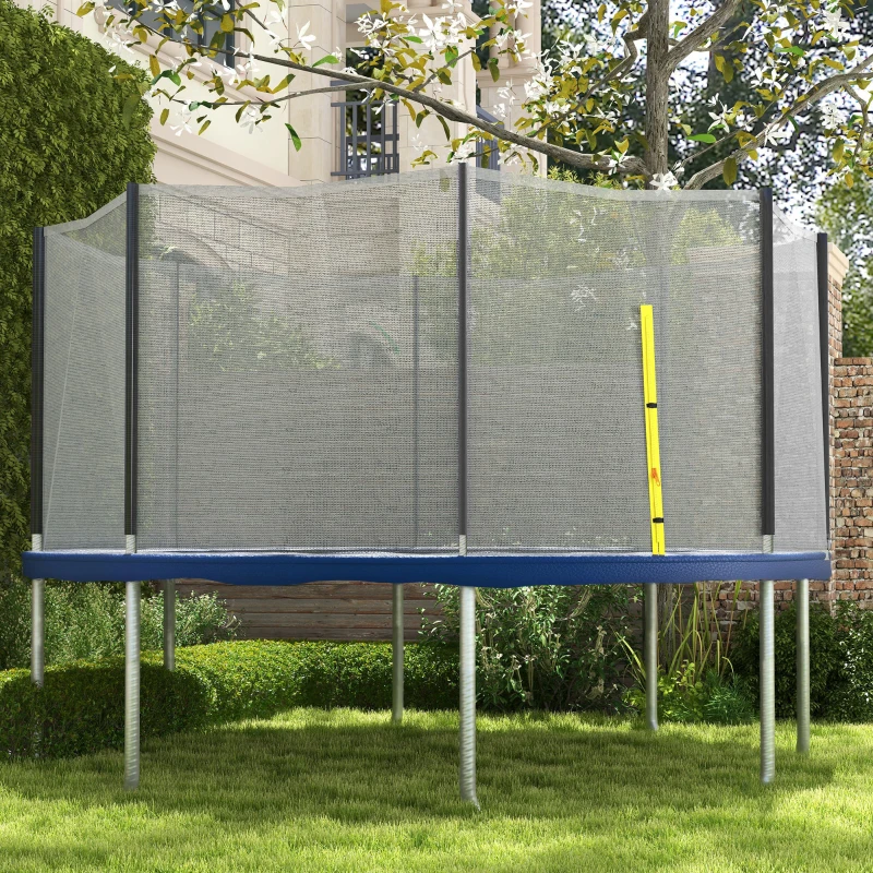 Large blue outdoor trampoline with tall protective safety net in backyard.