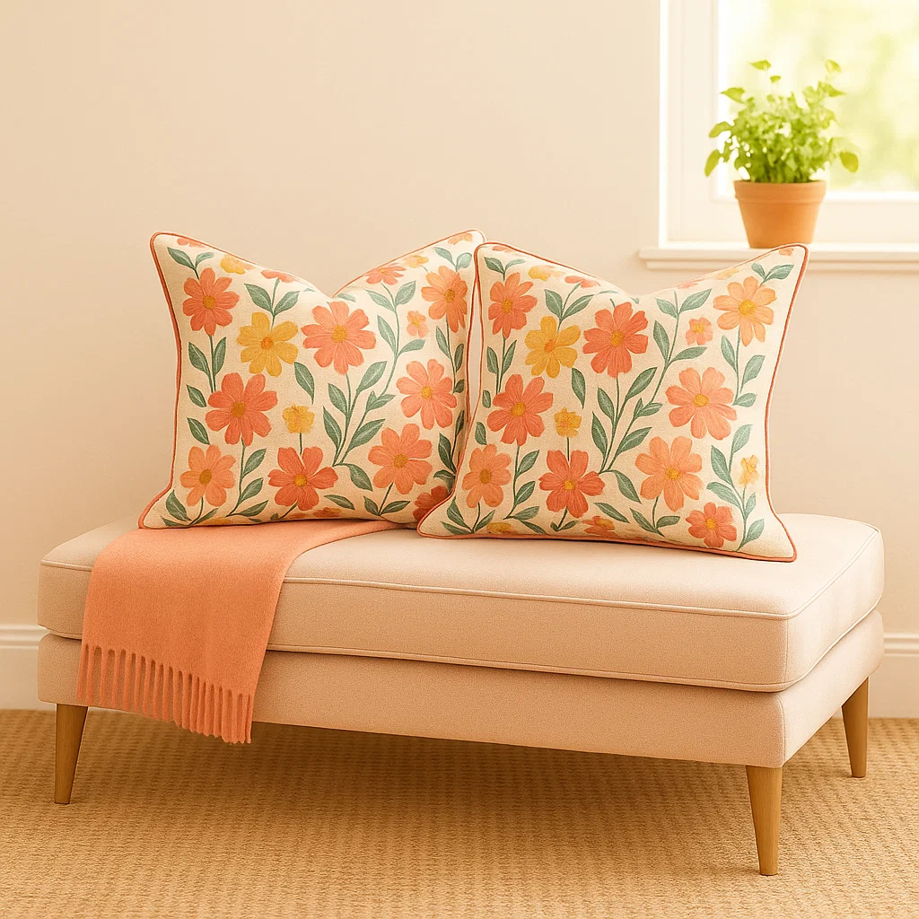 Soft pink ottoman with floral pillows and orange throw in sunny corner