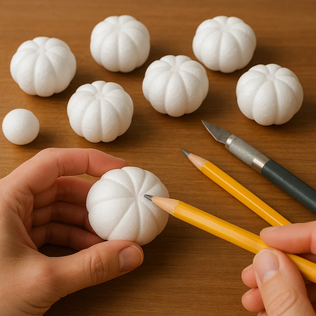 Crafting small foam pumpkins using pencils and sculpting tools.