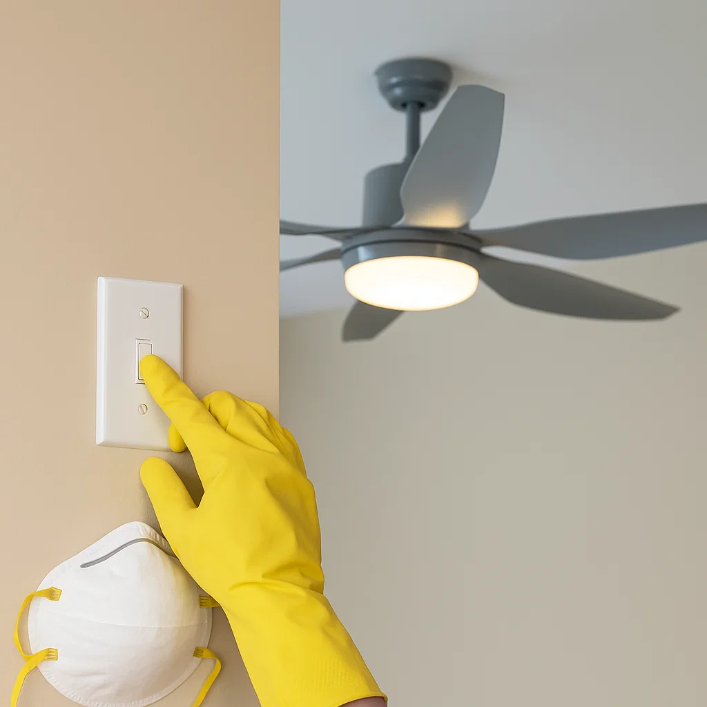 Person wearing gloves switching off ceiling fan for safe cleaning