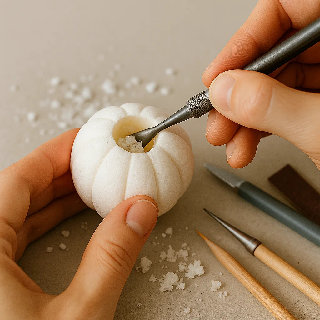 Hollowing center of foam pumpkin using a metal carving tool.