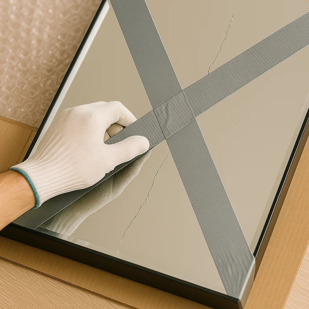 Hand in glove taping cracked mirror in X pattern for safe disposal.