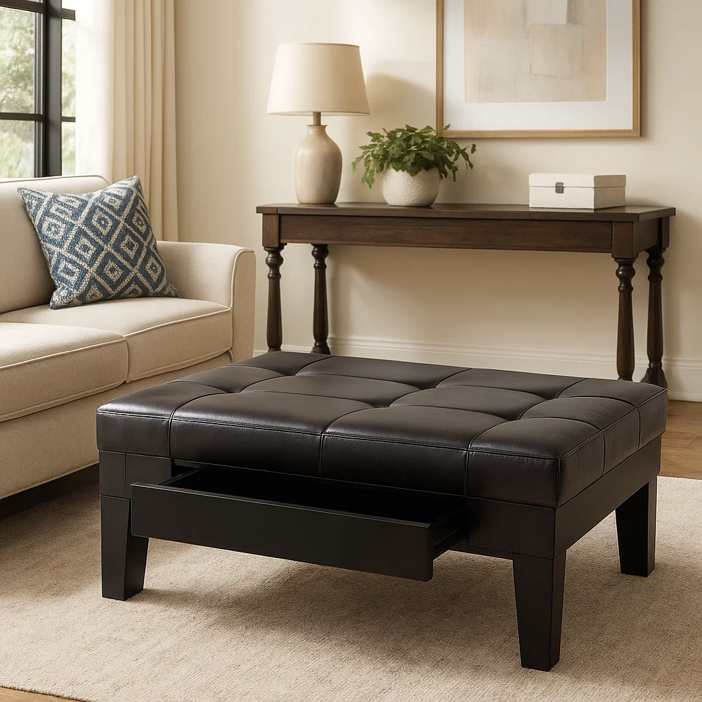 Black leather ottoman table with pull-out drawer in living room.
