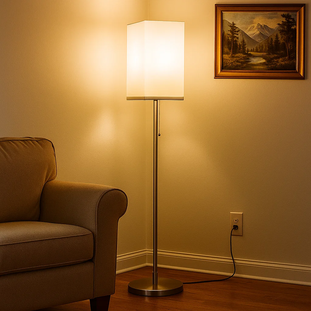 Illuminated floor lamp beside beige sofa in cozy living room