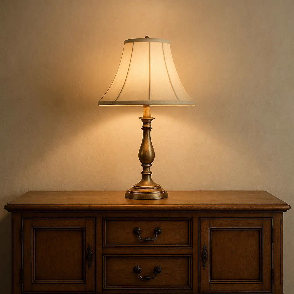 Classic table lamp glowing on wooden sideboard in warm light.
