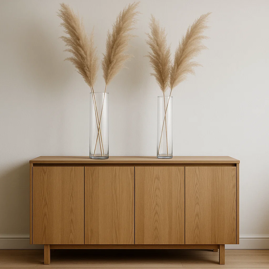 Minimalist sideboard with tall glass vases and pampas grass.
