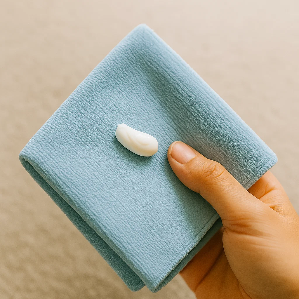 A small amount of white toothpaste applied to a microfiber cloth before cleaning the mirror.